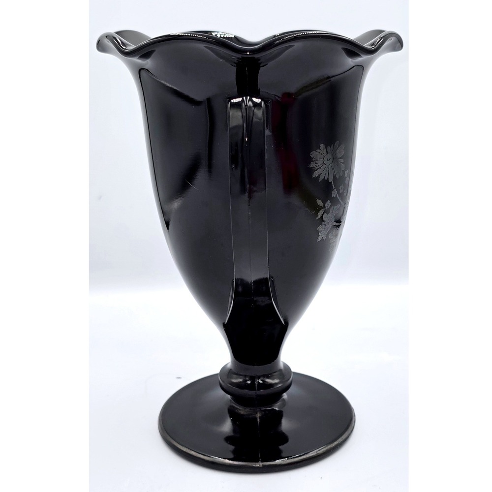 .LE. Smith Black Loving Cup S.S. RARE Floral Design Overlay Ruffled Rim Handles - Picture 3 of 12
